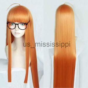 Cosplay Pruiken Persona 5 Futaba Sakura Cosplay Pruik Bril P5 100 cm Lange Rechte Citrus Oranje Hittebestendige Haar Pruiken Pruik Cap x0901