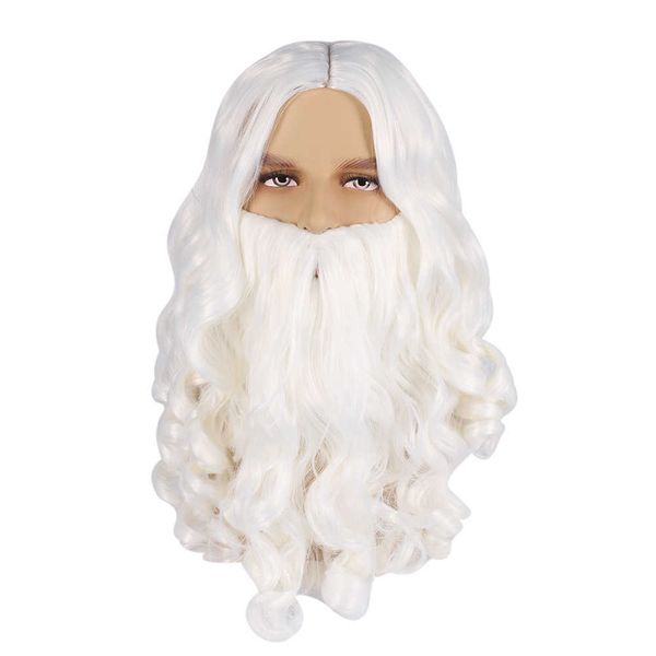 Pelucas de cosplay Peluca de barba de Papá Noel Conjunto completo Cabello de juego de rol grande blanco