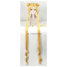 Cosplay Wigs Serena Tsukino Usagi Cosplay Wig Annie 130cm Blond Silver Double Long Pony Pony Pony Res résistant à la chaleur Synthétique Perruque Wig Cap x0901