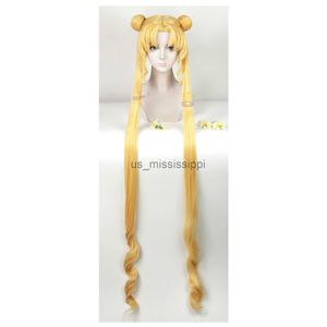 Pelucas de cosplay Serena Tsukino Usagi Peluca de cosplay Annie 130 cm Rubio Plata Doble Colas de caballo largas Pelucas de pelo sintético resistentes al calor Peluca Cap x0901