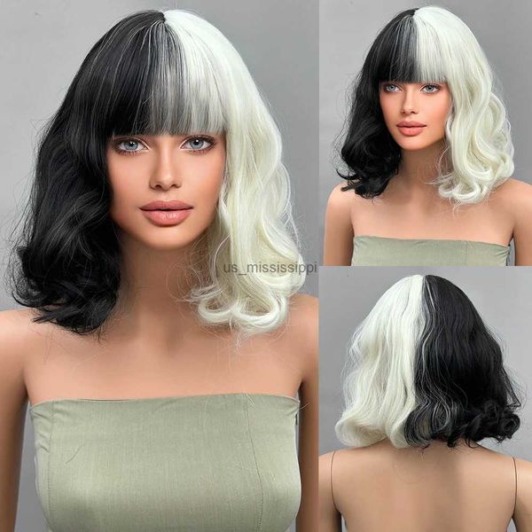 Perruques de cosplay courtes noires et blanches pour femme, 30,5 cm, cheveux bob avec frange, mode naturelle, perruque complète synthétique, perruques colorées mignonnes pour fête quotidienne L231212