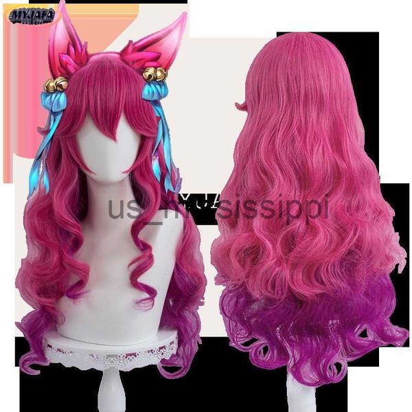 Pelucas de cosplay Spirit Blossom Ahri Cosplay Peluca LOL Cosplay 70 cm Largo Rizado Ondulado Resistente al calor Juego de pelo sintético Anime Pelucas Peluca Cap x0901