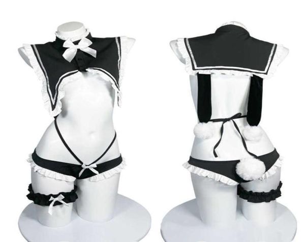 Pelucas de cosplay Dulce y linda conejita Sailor Collor Conjunto de lencería Lolita Bow Lace Short Top Ropa de dormir Re Zero Rem Cosplay Maid Uniform6001804