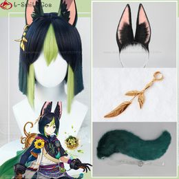 Cosplay Wigs Tighnari Cosplay perruque jeu Genshin Impact Sumeru Tighnari cheveux synthétiques courts résistants à la chaleur Halloween fête perruques oreille perruque casquette 230906