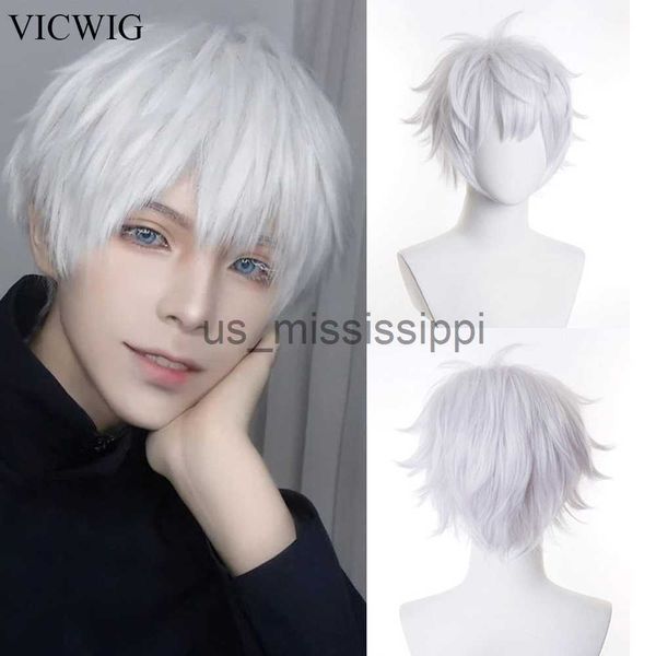 Perruques de cosplay Vicwig hommes perruque courte synthétique droite blanche blonde noire anime cosplay perruque de cheveux résistant à la chaleur pour la fête quotidienne x0901