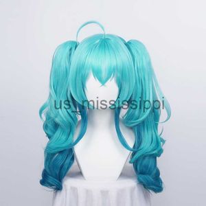 Cosplay Perruques Vocaloid Miku Vert Dégradé Bouclés 55 cm Longues Perruques Cosplay Avec Puce Ponytailss Halloween Party Costume Perruques Perruque Cap x0901