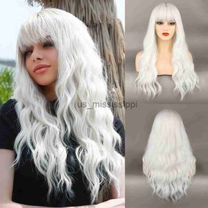 Cosplaypruiken Wit Dames Lang Golvend Haar Met Pony Cosplay 26 inch Puur witte pruik Anime Lolita Hittebestendige vezel Synthetische pruik x0901