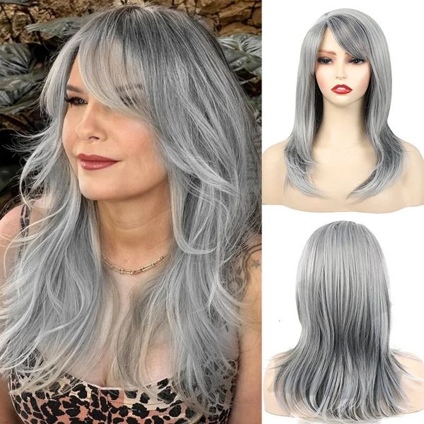 Cosplay perruques perruque blanche dame diagonale frange argent gris brun couches longs cheveux bouclés fibre chimique synthétique couverture complète de la tête 231211