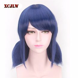 Cosplay Pruiken XCJLW LB Pruiken Peluca Marinette Meisjes Vrouwen Cosplay Dubbele Paardenstaart Vlechten Kort Recht Blauw Haar 230904