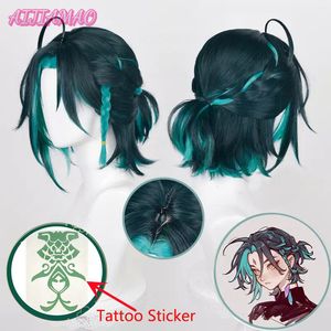 Perruques de cosplay Xiao Cosplay perruque jeu Genshin Impact Xiao 35 cm court vert mixte tresse perruque résistant à la chaleur synthétique Cosplay Anime perruques bonnet de perruque 230824