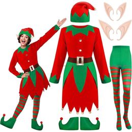 Cosplay Vrouwen Kerst Elf Meisje Kostuums Lange Mouw Jurk En Riem Hoed Schoenen Gestreepte Kousen Party Rollenspel Cosplay Dropshipping