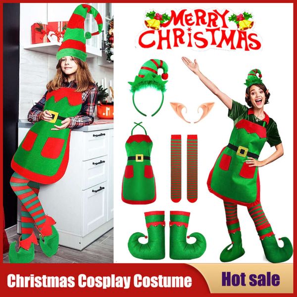 Disfraz de Navidad para mujer, delantal con orejas de elfo, vestido, sombrero, zapatos, medias a rayas, trajes de Cosplay, actuación de fiesta de carnaval, regalo de Navidad