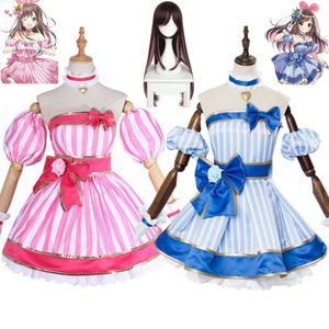 Perruque de Cosplay Youtuber Vtuber Kizuna Ai pour adulte, robe rose et bleue, tenue Sexy pour femme, Costume de fête de carnaval d'halloween