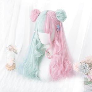 Cosplaymix 57 CM Lolita Makaron Couleur Rose Mixte Vert Menthe Bleu Ombre Longue Frange Bouclée Mignon Synthétique Petits Pains Cosplay Perruque