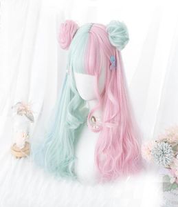 Cosplaymix 57 CM Lolita Makaron Kleur Roze Gemengd Mint Groen Blauw Ombre Lange Krullende Pony Leuke Synthetische Broodjes Cosplay Pruik3612752