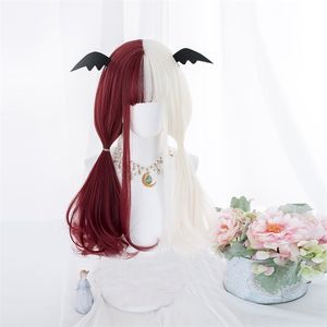 CosplayMix moitié rouge mélangé blanc Bob Ombre 65 CM/40 CM longue droite ondulée frange mignon synthétique Halloween Cosplay perruque + casquette