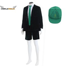 CosplaySuperstar AC/DC Rock Band Angus Young School Boy Outfit Disfraz de cosplay Veet Coat Pantalones cortos Camisa blanca Sombrero verde Conjunto completoCosplayCosplay