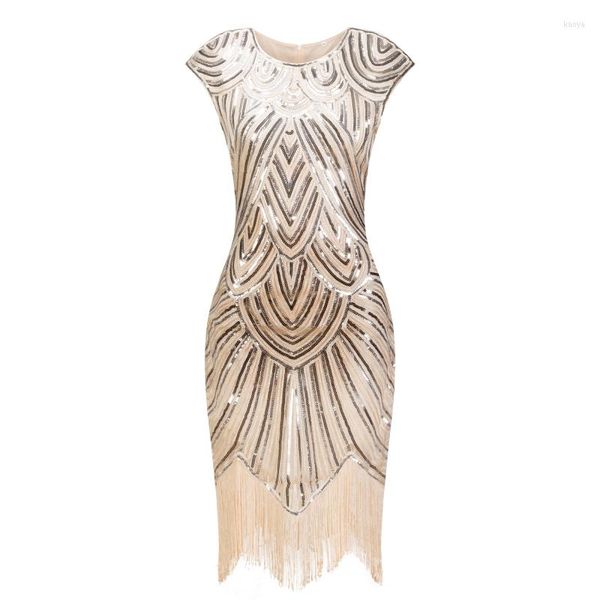 Accesorios de disfraces 1920s Flapper Vestido Gran Gatsby O-cuello Cap Manga Lentejuelas Fringe Party Midi Vestido Verano Mujeres Xxxl PlusSize