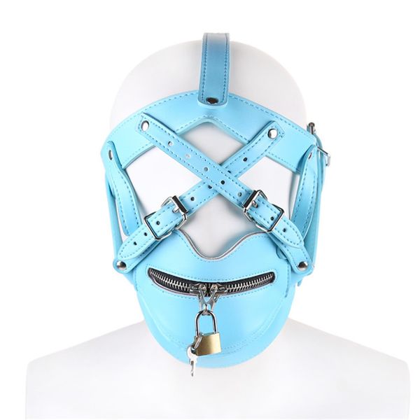 Accesorios de disfraces 2023 Nuevo cuero de PU azul Hollow Out Bondage Head Hood Cremallera Máscaras faciales Cosplay Party Sexy Head Mask para hombres con cerradura