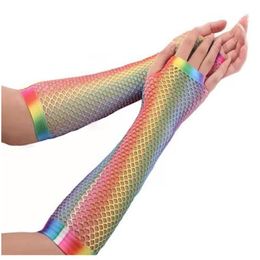 Accessoires de costumes 80S Gants en résille Néon Femmes Filles Fête Halloween Mesh Fingerless Stretch Rainbow Mardi Gras Carnaval Drop Del Dhixo