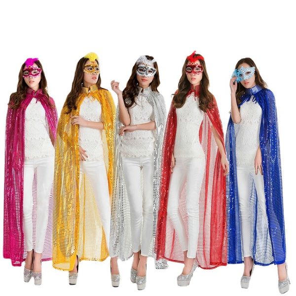 Accesorios de disfraces Adulto Maxi Long Paillette Cosplay Cape Halloween Fiesta de Navidad Glitter Lentejuelas Capa See-Through Carnivals Costume