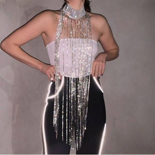 Accesorios de disfraces Bling Diamante Metal Borla Cuerpo Cadena Gargantilla ajustable Ver a través de Hollow Out Cover Up Top Party Night Club 242k