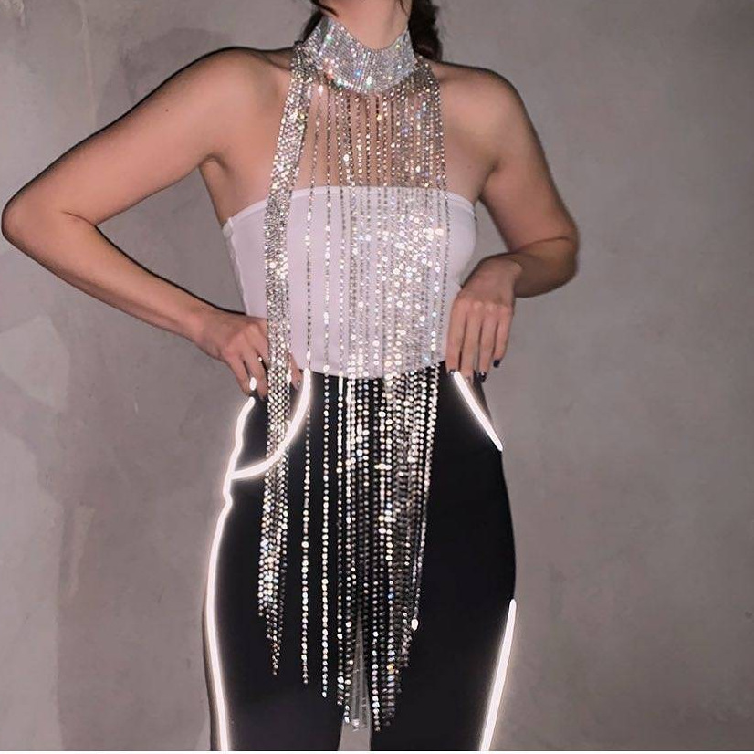 Kostümzubehör Bling Diamante Metall Quasten Körperkette Verstellbarer Choker aufsehen durch Hollow -out Top Party Night Club Sexy Körperketten