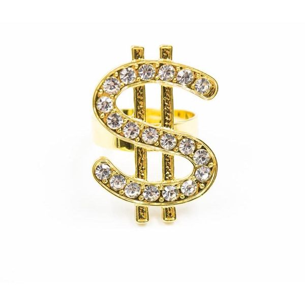 Accesorios de disfraces Anillo de signo de dólar de cristal para hombres Mujeres Accesorios de disfraces Símbolo de dinero Zirconia Rinestone Anillos de oro abiertos Hip Hop DHFZJ
