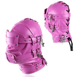 Kostuumaccessoires Kunstleer Roze PU Sexy kapmaskers Kostuums Volwassen Cosplay Party Gezichtsmasker Verstelbare blinddoek Kap met slot Punk Rollenspel