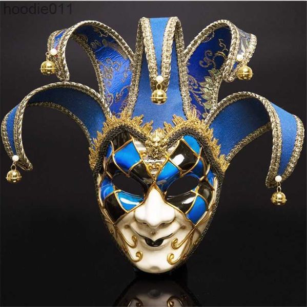 Accesorios de disfraces Cara completa Hombres Teatro veneciano Jester Joker Mascarada Máscara con campanas Mardi Gras Party Ball Halloween Cosplay Máscara Traje Y200103 L230918