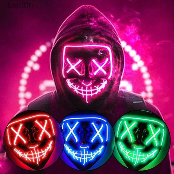 Accesorios de disfraces Máscara de neón luminosa de Halloween Máscara LED Máscara de fiesta de disfraces Máscara que brilla en la oscuridad Máscaras de purga Cosplay Ven pliesL231011