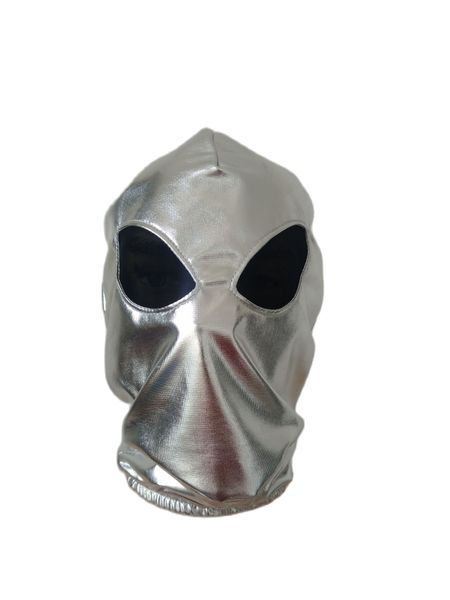 Accesorios para disfraces Máscaras de Halloween Disfraces de Alien Cosplay Máscara metálica brillante plateada ojos de malla abierta Disfraces Zentai unisex para adultos Accesorios para fiestas