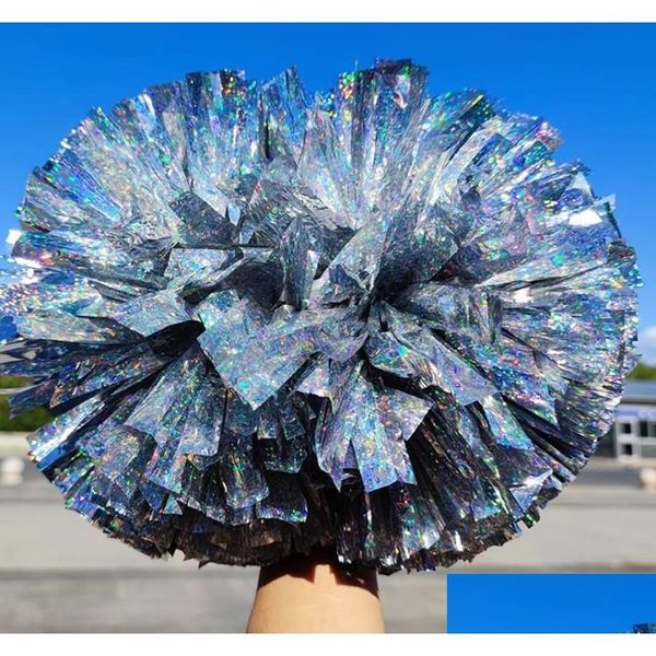 Accessoires de costumes Pompons de pom-pom girl holographiques métalliques avec poignée de bâton Pompons de joie professionnels pour la partie d'esprit d'équipe sportive Otlxl