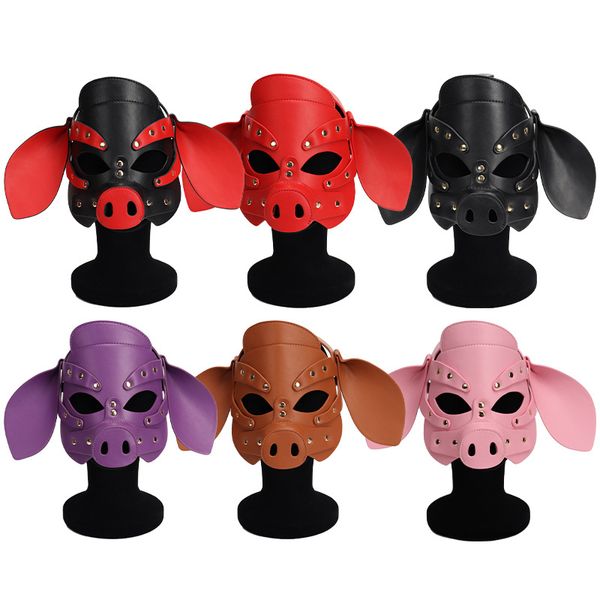 Accesorios de disfraces Cuero de PU Lindo Cerdo Cosplay Máscara de cara completa Sexy Fiesta para adultos Hombres Sombreros Juego de rol Fetiche Máscaras de animales Remache de metal Cubierta de cabeza