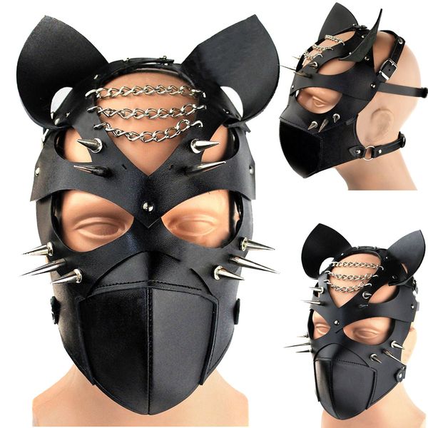 Accesorios de disfraces PU Lether Sexy Men Masks Cosplay Party Head Cover Punk Style Rivet Chain Metal Full Face Masks Animal Role Play Black Headwear