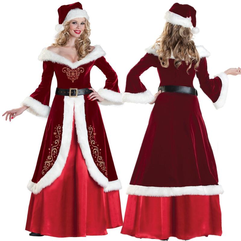 Traje Acessórios Santa Claus Terno Adulto Mulheres Cosplay Sexy Vermelho Vermelho Deluxe Veludo Fantasia 3 Pcs Set Xmas Party Woman Dress S-XXL