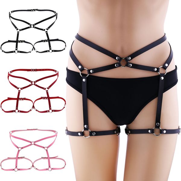 Accesorios de vestuario Sexy Harajuku Cuero Punk Goth Ligueros Anillo de pierna con 2 tirantes Correas y junta tórica desmontable Arnés de pierna Rave Outfit