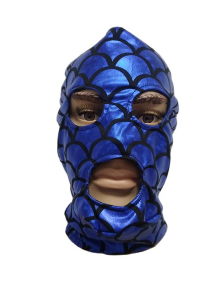 Accessoires de déguisement Motif écailles de poisson bleu métallisé brillant Masque capuche yeux ouverts bouche Zentai Costumes Accessoires de fête Masques d'Halloween Cosplay