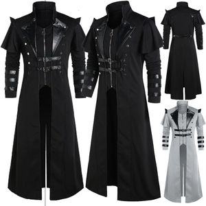 Accessoires de costumes Vintage Halloween Médiéval Steampunk Assassin Elves Pirate Adulte Hommes Noir Longue Veste Fendue Gothique Armure Manteaux En Cuir 230111