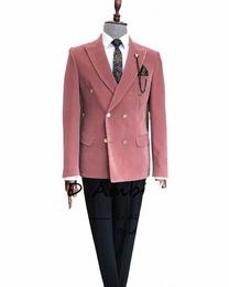 Traje Homme Pink Veet Hombres Traje para la boda 2023 Slim Fit 2 piezas Golden Double Breasted Ropa Hombre Traje de lujo Masculino Custom W9On #