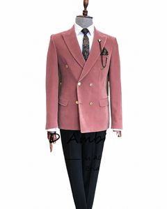 Kostuum Homme Roze Veet Mannen Pak voor Bruiloft 2023 Slim Fit 2 Stuk Golden Double Breasted Ropa Hombre Luxe Pak mannelijke Custom W9On #
