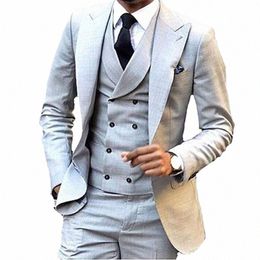 Kostuum Homme Sliver Grey Mannen Pakken Double Breasted Vest Slim Fit Tuxedos Wedding Suits voor Mannen Blazer + Vest + broek Ropa Hombre F3UA #