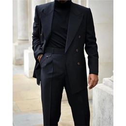 Traje Homme trajes de boda para hombre negro solapa de doble botonadura Masculino Terno Slim Fit novio Blazer 2 piezas chaqueta pantalón 240311