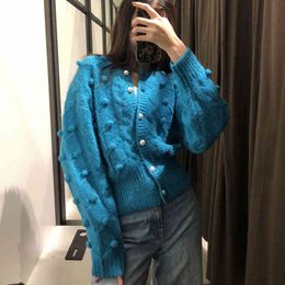 Kostuum sieraden Pearl -knop Twisted Ball Jacket Fashion Sky Blue Chic Lady Elegant Sweater Cardigan 210521