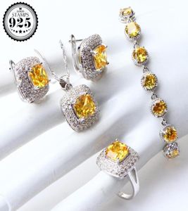 Kostuum sieraden sets gele kubus zirkonia zilver 925 sieraden oorbellen voor vrouwen trouwring ketting set geschenken doos cx2001195718