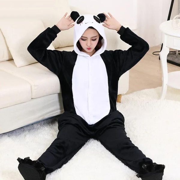 Disfraz Panda Onesie Adulto Mujer Hombre Pareja Animal Pijama Negro Blanco Ropa de dormir linda Alta calidad Espesar Franela Cálido Traje de fiesta en casa