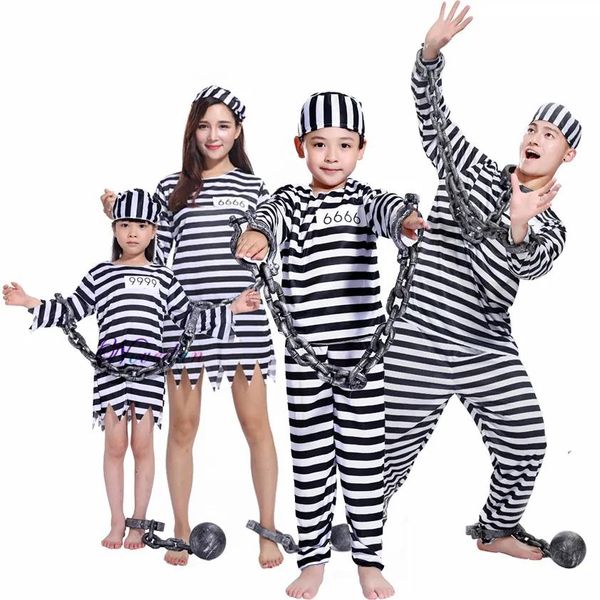 Tema de vestuario Disfraz de niños Adultos Prisionero Rayado Traje de prisión Cadenas de uniformes de uniformes Family Costfits Cosplay para fiesta Hal