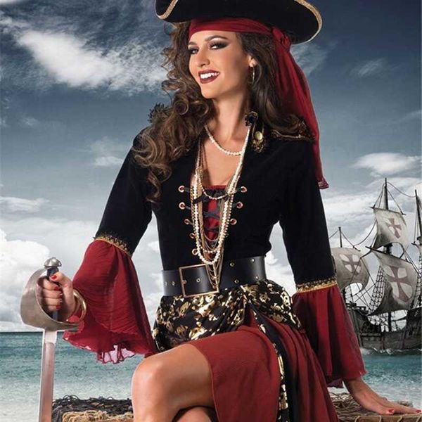 Tema de disfraces Disfraz Ataullah Femenina del Caribe Piratas Capitán Come Halloween Plae jugando traje de cosplay Medoeval Gothic Fancy Woman Dress