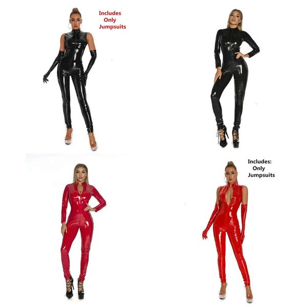 Tema de disfraces Tamaño grande S 5xl Mujeres Sexy Ladex Catsuit Black Wetlook Full Bodysuit PVC Sumpsuit Clubwear Faux Leather 231123 Exy