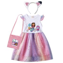 Costumes Adorable Cartoon Gabby Cats Fly Sleeve Baby Girl Dress with Bag and Headband Kids Gabby's Dollhouse Cosplay Costume